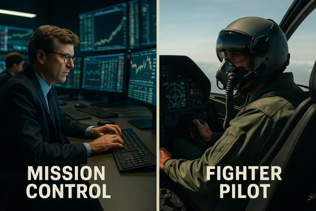 Split-screen image comparing a stock trader in mission control with a fighter pilot in a cockpit, symbolizing trading strategy vs. execution in the Trade Ideas Money Machine.