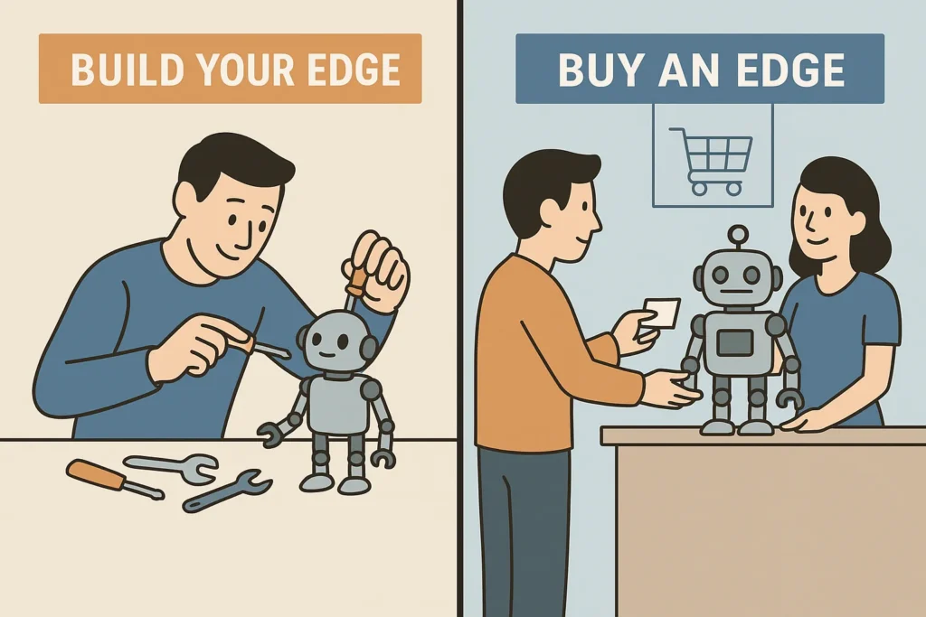 An infographic comparing 'Build Your Edge' (TrendSpider) by building a robot to 'Buy an Edge' (Trade Ideas) by purchasing a finished robot.