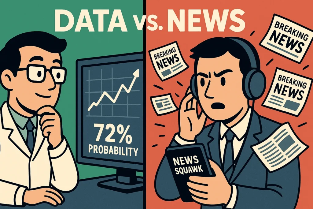 An illustration comparing a data scientist trader looking at statistics to a news journalist trader listening to breaking news.