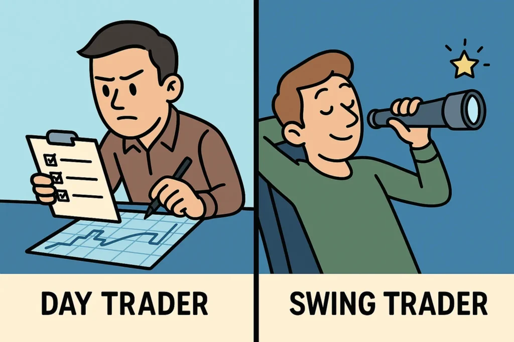 A cartoon comparing a day trader with a short-term checklist to a swing trader with a long-term telescope.