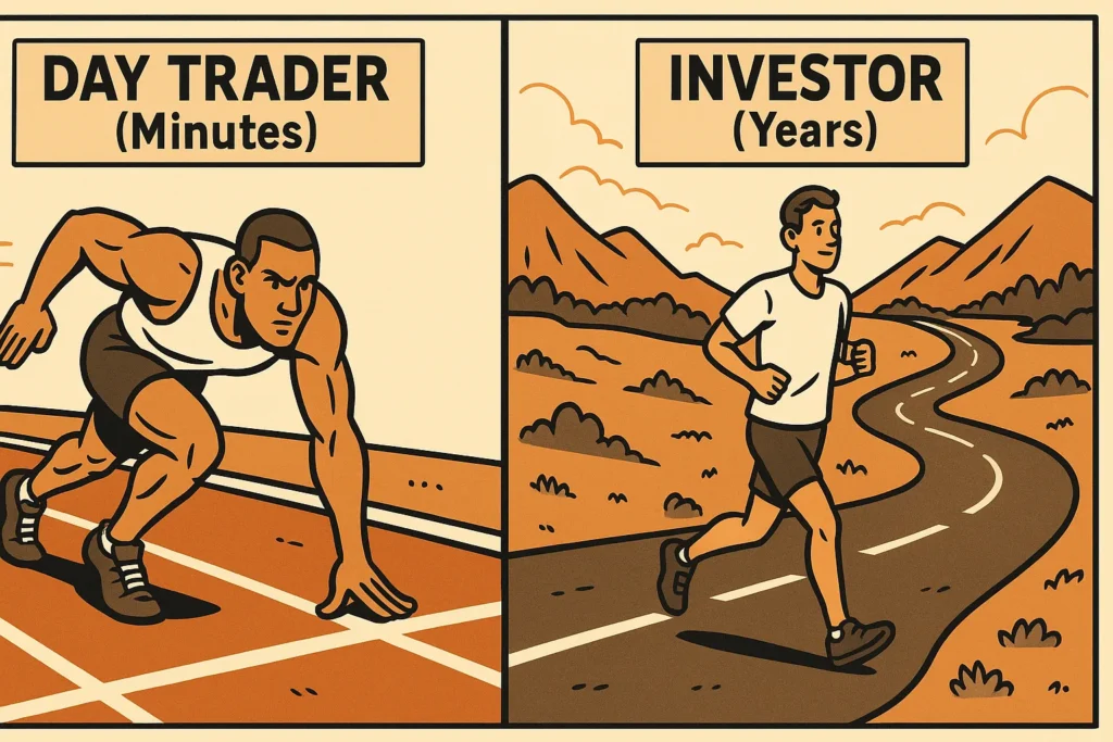 An illustration comparing a day trader as a sprinter focused on minutes and a long-term investor as a marathon runner focused on years.