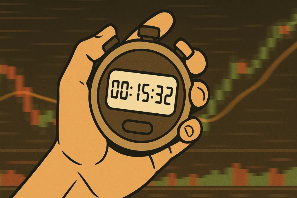 A hand holding a stopwatch showing a short time, symbolizing the short-term focus of day trading with Trade Ideas.