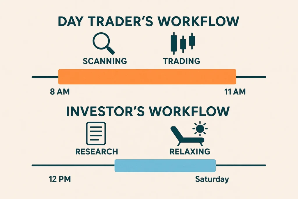 An infographic comparing the intense morning workflow of a day trader to the relaxed weekend workflow of a long-term investor.