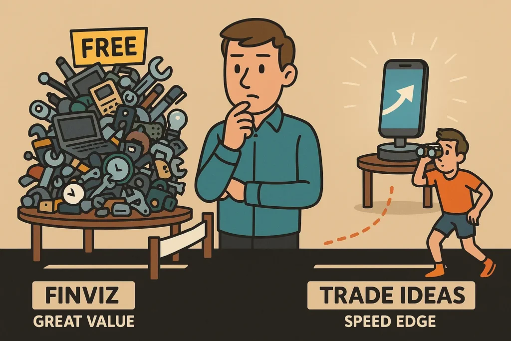 A trader choosing between a large pile of free tools from Finviz and a single, powerful, premium tool from Trade Ideas.