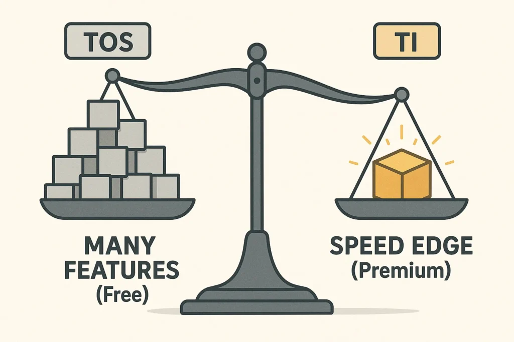 A scale weighing many free features from Thinkorswim against the single, high-value speed edge of premium Trade Ideas, with the premium tool weighing more.