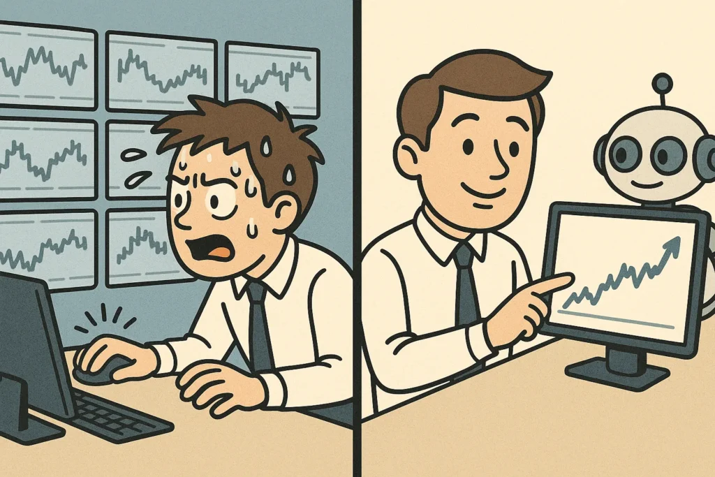 A cartoon comparing a stressed trader manually searching for trades to a happy trader whose AI has found a perfect trade for them.
