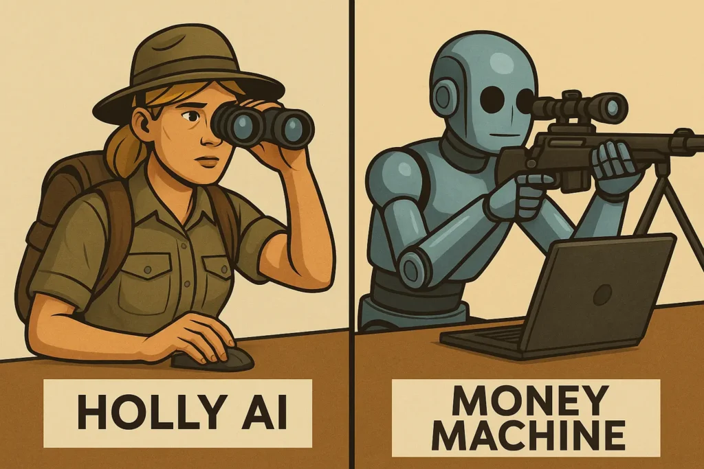 A realistic split-screen image showing Holly AI as a scout with binoculars scanning ahead, contrasted with a robotic sniper representing the Money Machine executing trades beside a laptop with stock charts.