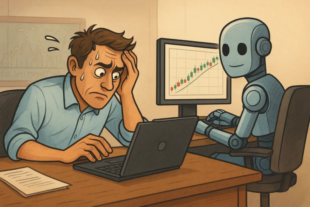 A stressed human trader sweating over a laptop while a calm robot executes trades flawlessly on its computer, symbolizing the psychological struggle of manual vs automated trading.