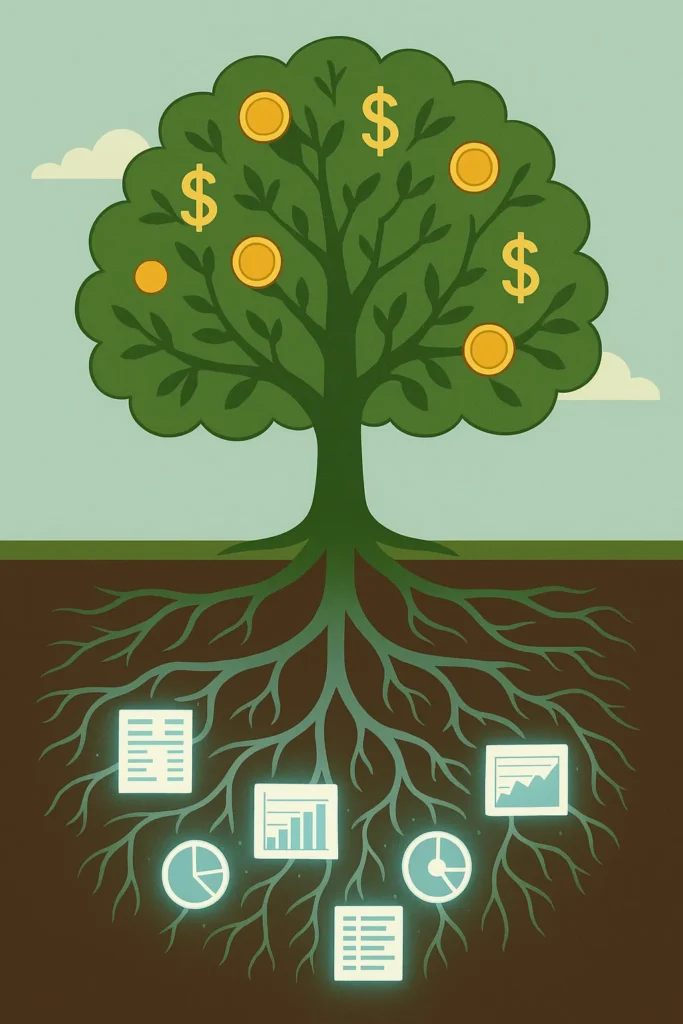 A tree with roots made of financial data, symbolizing long-term compounding growth from fundamental investing with Stock Rover.