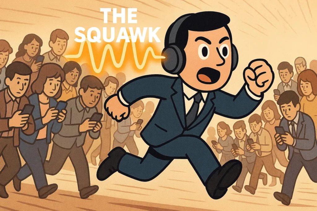 A cartoon of a trader with headphones outrunning a crowd, symbolizing the speed advantage of the Benzinga Pro audio squawk.