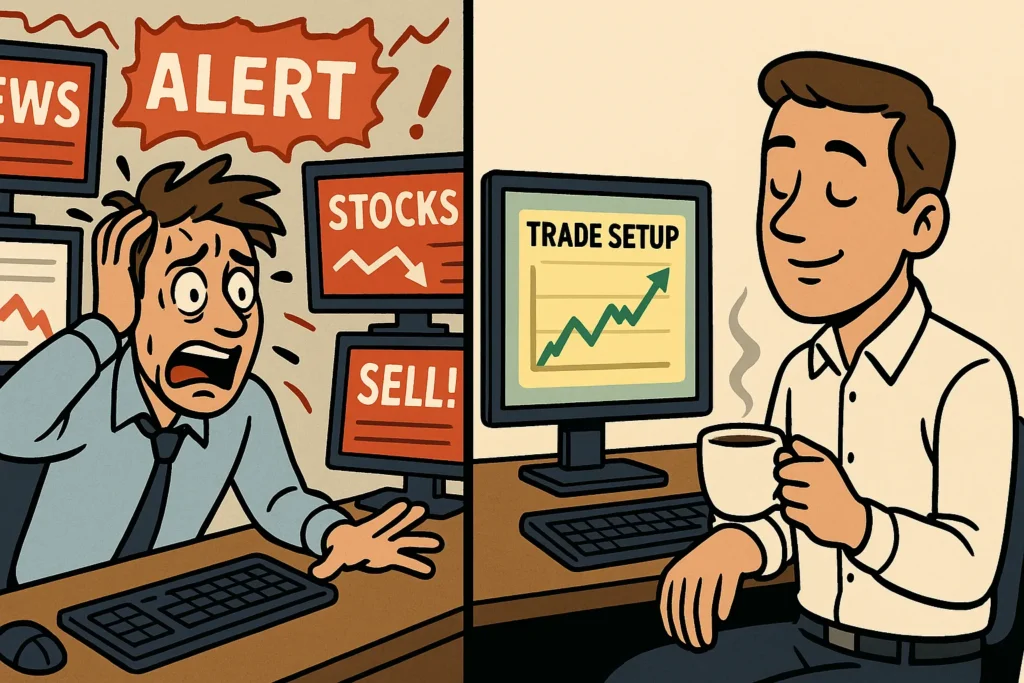 A cartoon comparing a stressed trader reacting to news chaos with a calm trader who has a single, clear AI-generated trade plan.
