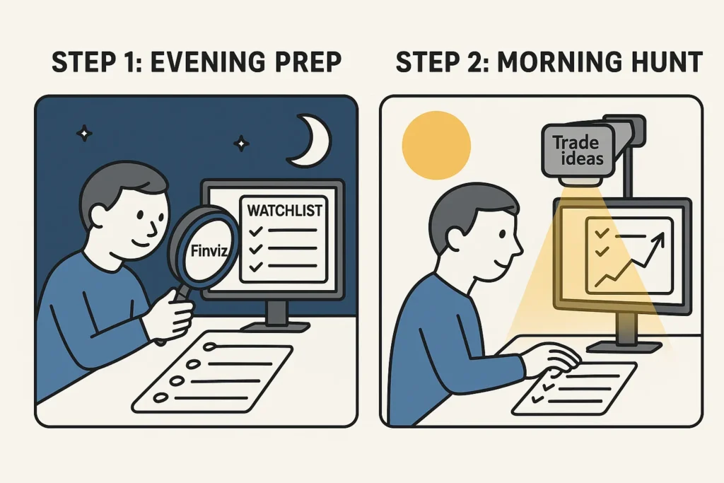 A two-step infographic showing a trader using Finviz for evening research and Trade Ideas for the morning hunt.