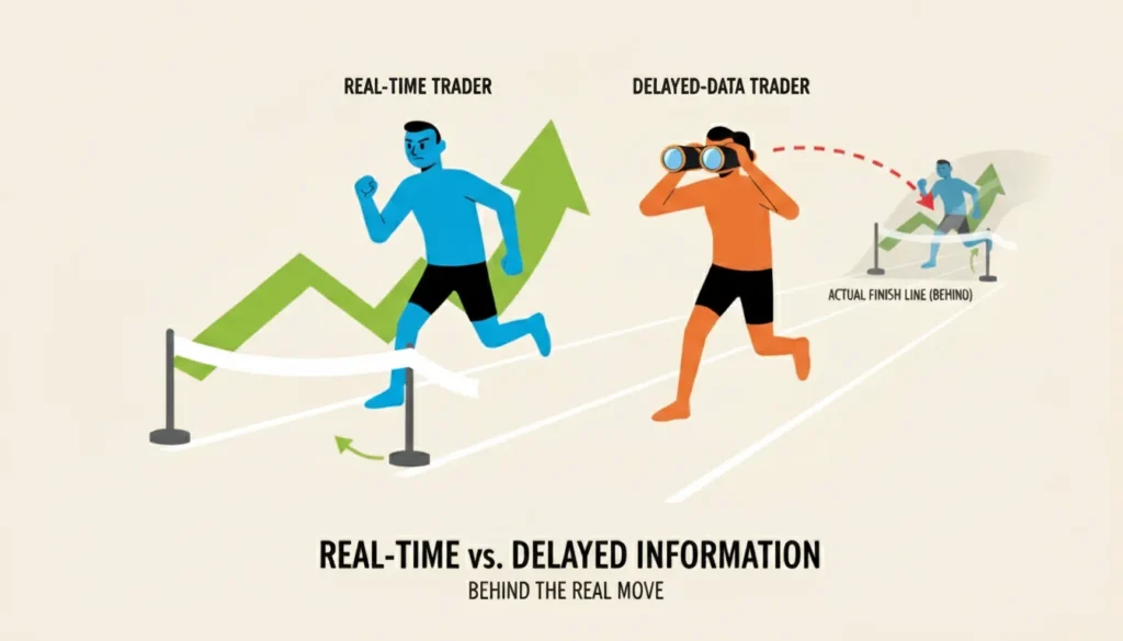 An infographic showing a real-time trader at the actual finish line while a delayed-data trader sees a distant, illusory one.
