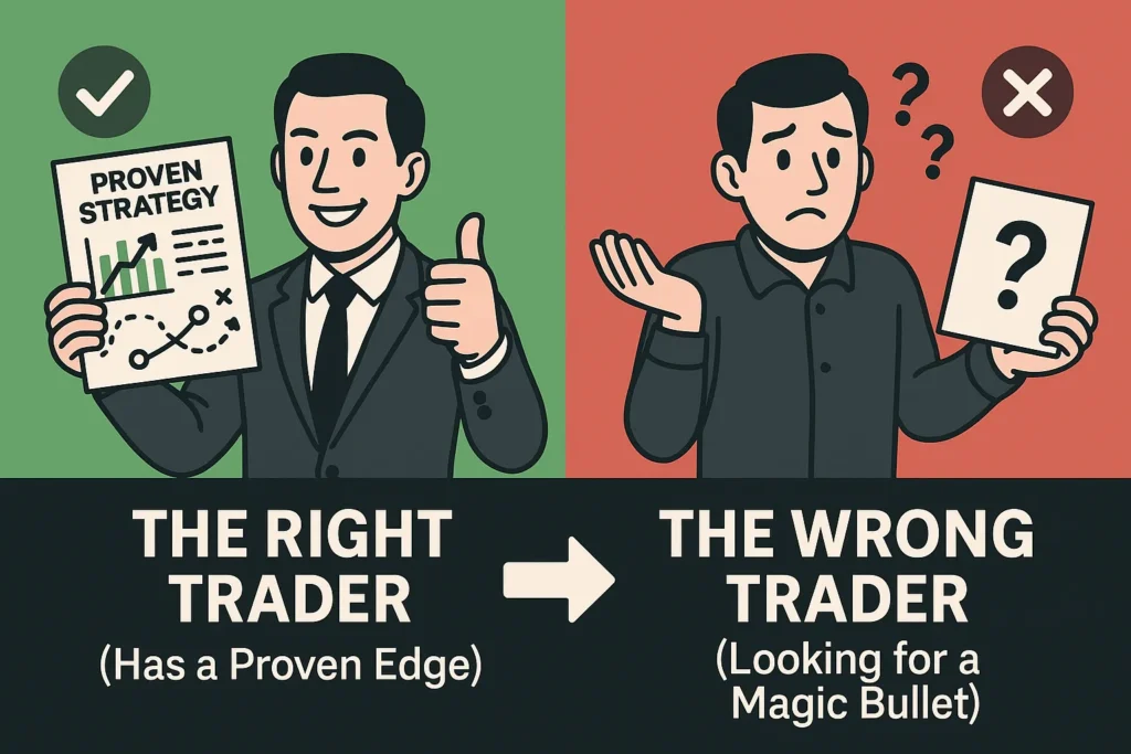 An infographic comparing the 'Right Trader' for a bot, who has a proven strategy, to the 'Wrong Trader', who is looking for a magic bullet.