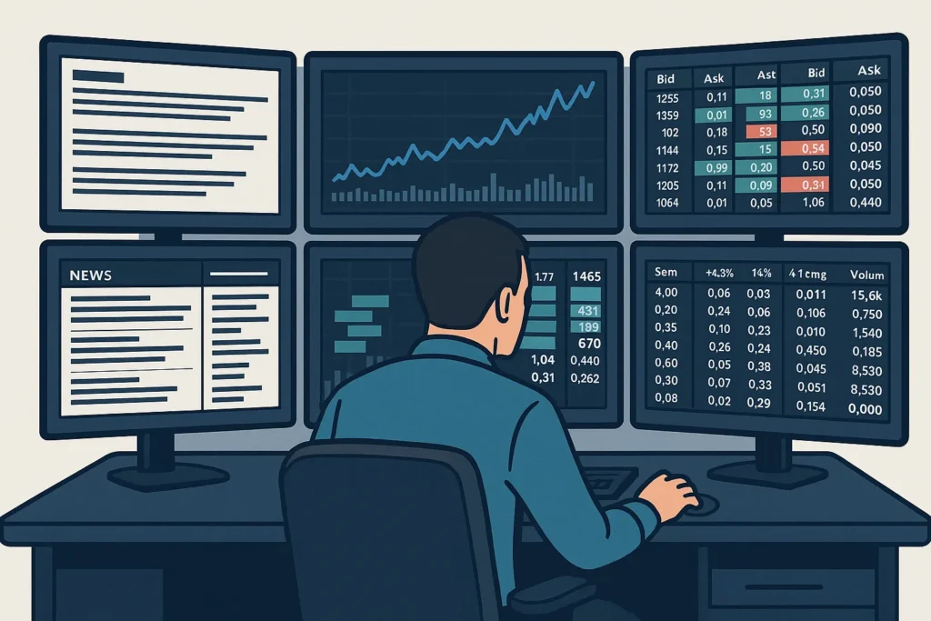 A trader analyzing a multi-monitor Scanz dashboard showing a news feed, Level II data, and a stock scanner.