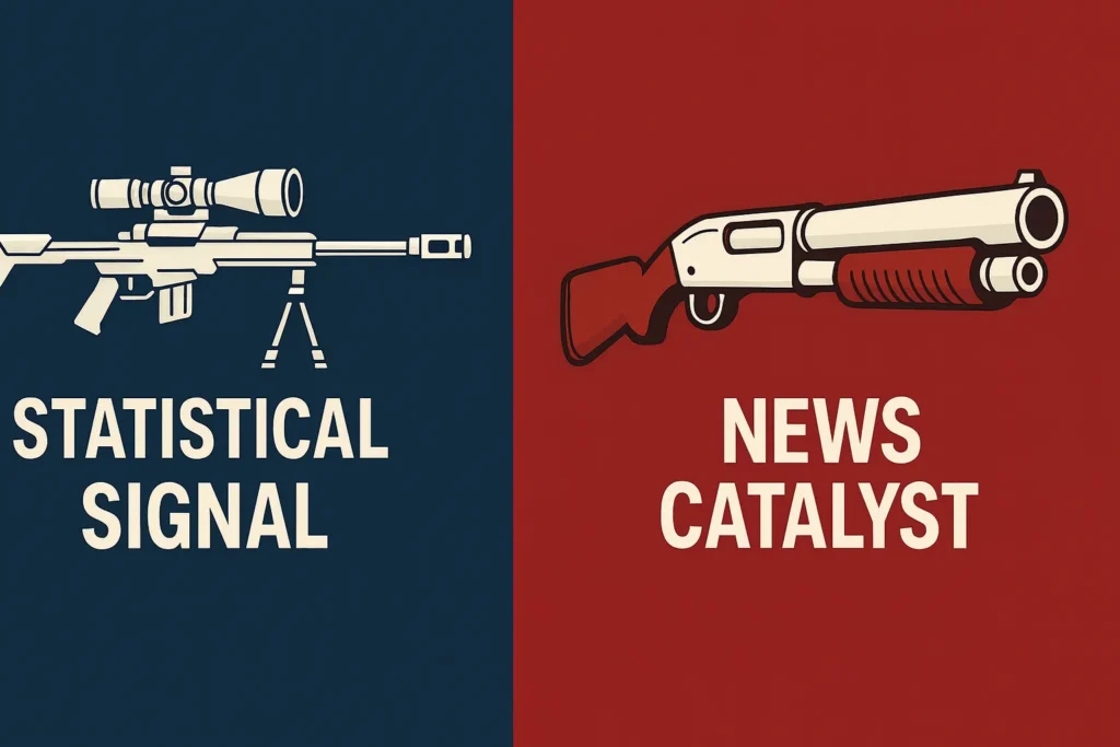 An illustration comparing a sniper rifle representing a precise statistical signal to a shotgun representing a wide news catalyst.