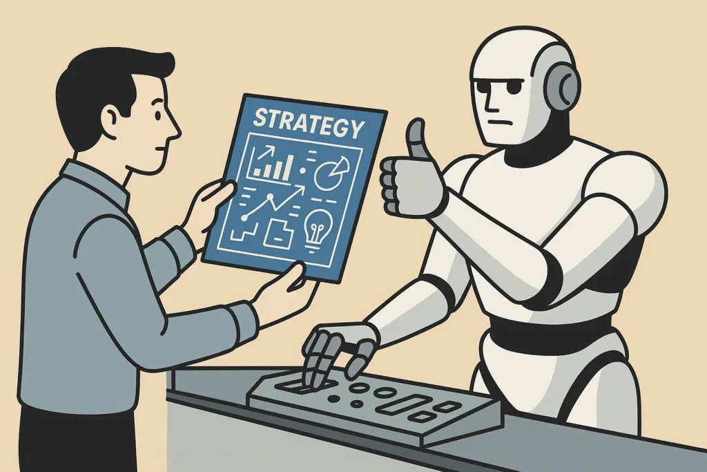 An illustration of a trader giving a strategy blueprint to a robot, which then executes it perfectly, symbolizing the StockHero bot.