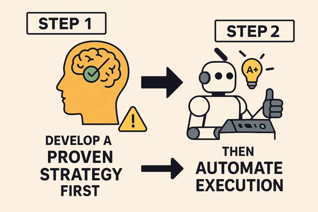 An infographic showing that a trader must first develop a proven strategy before they can automate it with a bot.
