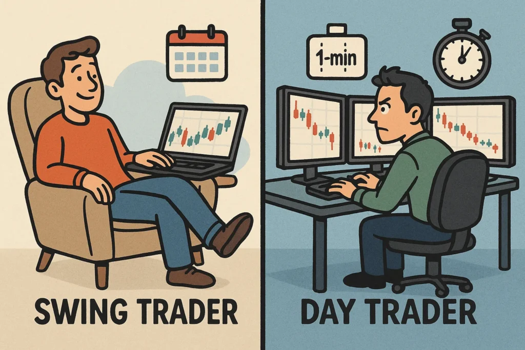 A cartoon comparing a relaxed swing trader looking at long-term charts to a focused day trader looking at short-term charts.