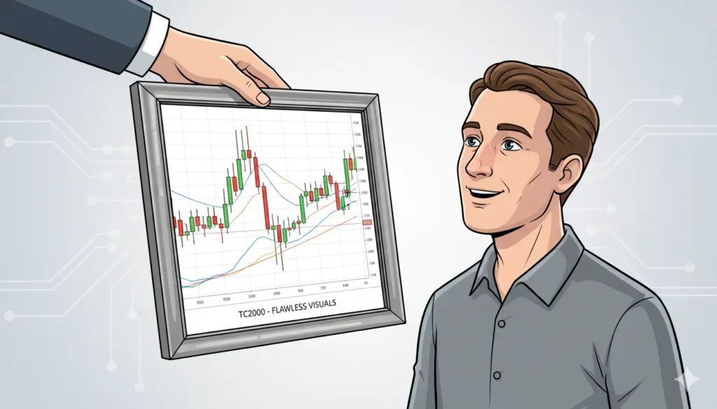 A trader admiring a perfectly rendered stock chart presented in a picture frame, symbolizing TC2000's charting excellence.