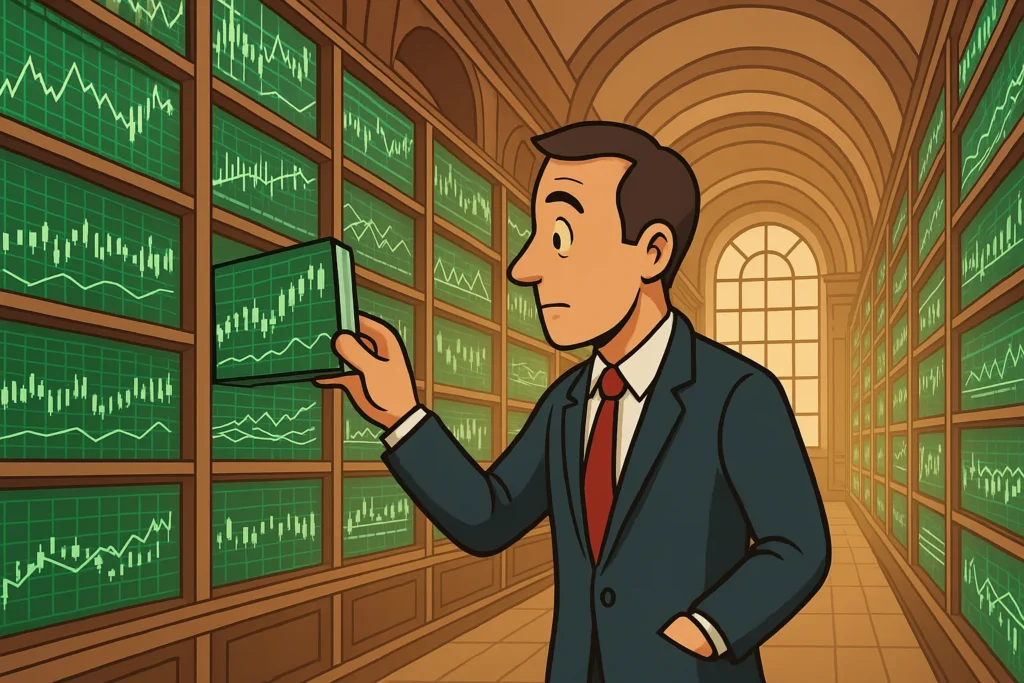 A trader in a library where the books are all detailed stock charts, symbolizing the vast analytical power of Thinkorswim.