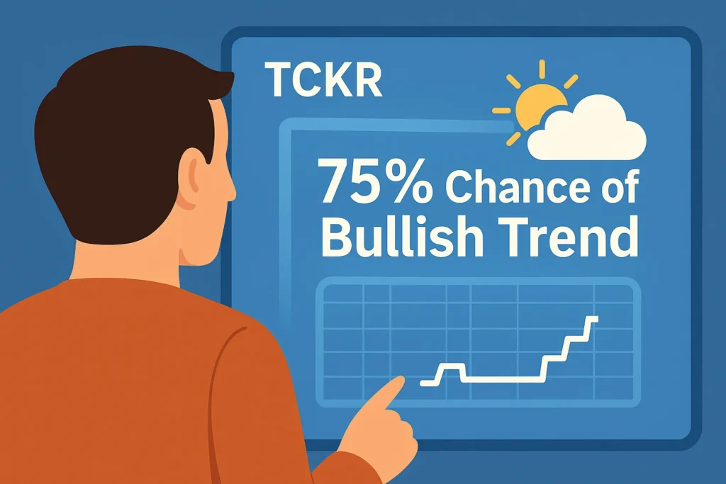 An illustration of a stock's weather forecast showing a 75% chance of a bullish trend, symbolizing a Tickeron AI prediction.
