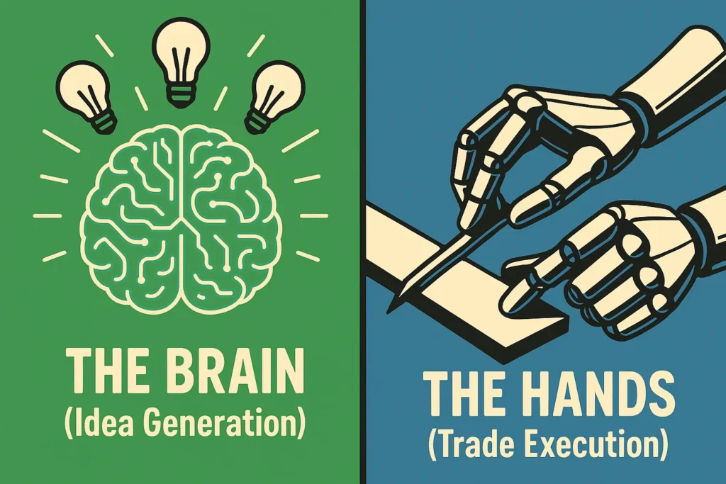 An illustration comparing Trade Ideas as an AI brain that generates ideas vs. StockHero as robotic hands that execute tasks.