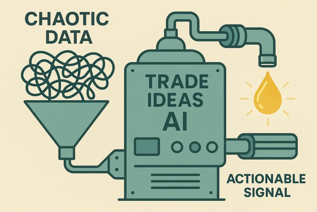 An illustration of the Trade Ideas AI engine refining chaotic market data into a single actionable trading signal