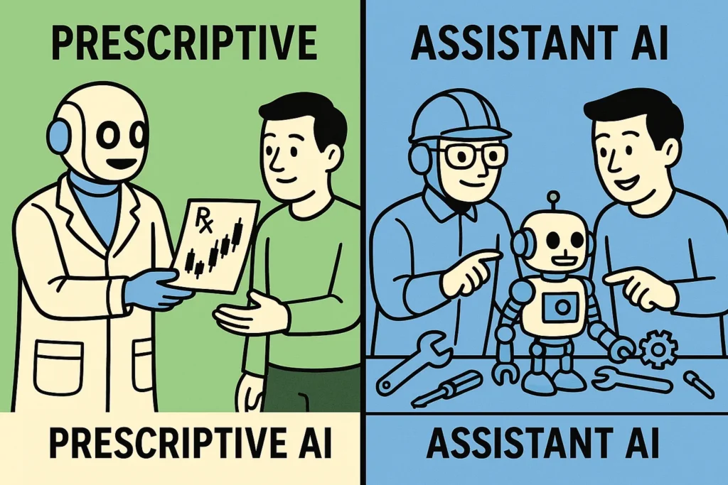 An illustration comparing Trade Ideas as an AI doctor giving a prescription (trade idea) vs. TrendSpider as an AI engineer helping build a tool (trading bot).