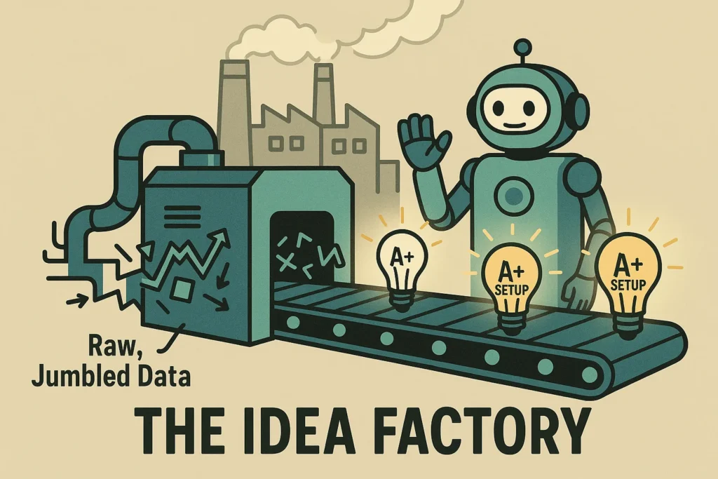 A cartoon factory where the Trade Ideas AI turns raw data into high-quality trade ideas represented as lightbulbs.
