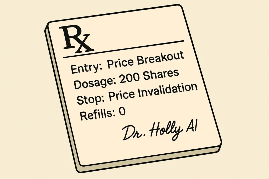 A prescription pad from 'Dr. Holly AI' detailing a complete trade plan with entry, size, and stop-loss
