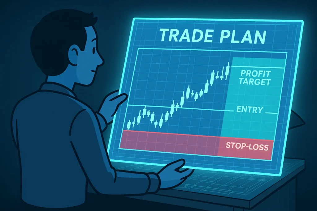 An illustration of a complete trade blueprint with entry, stop-loss, and profit target, symbolizing a Trade Ideas AI signal.