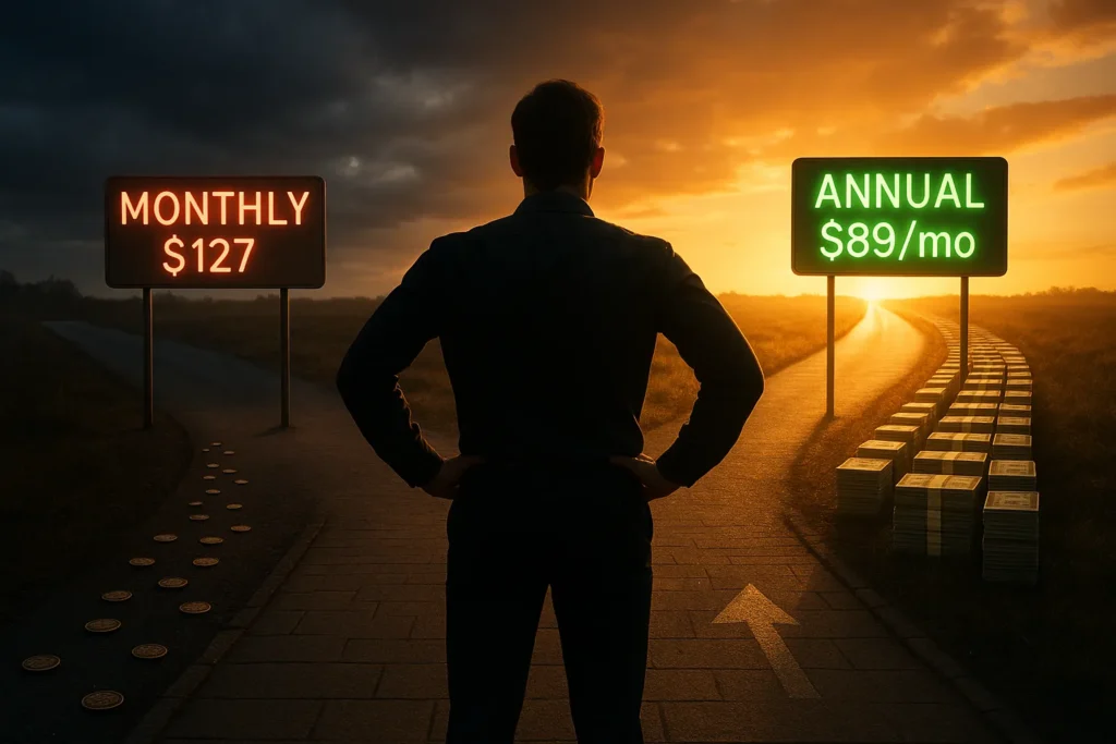 Fork in the road showing the choice between Trade Ideas monthly billing at $127 versus annual billing at $89 per month with significant savings