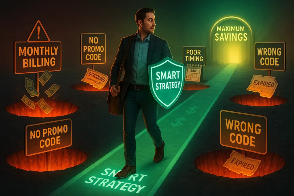 Trader navigating around four common Trade Ideas discount mistakes including monthly billing, missing promo codes, poor timing, and wrong codes