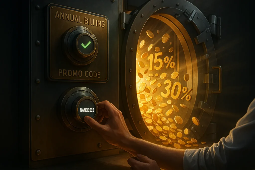 Vault with two combination locks representing the 2-step formula for maximum Trade Ideas discount: annual billing plus promo code unlocks 51% savings