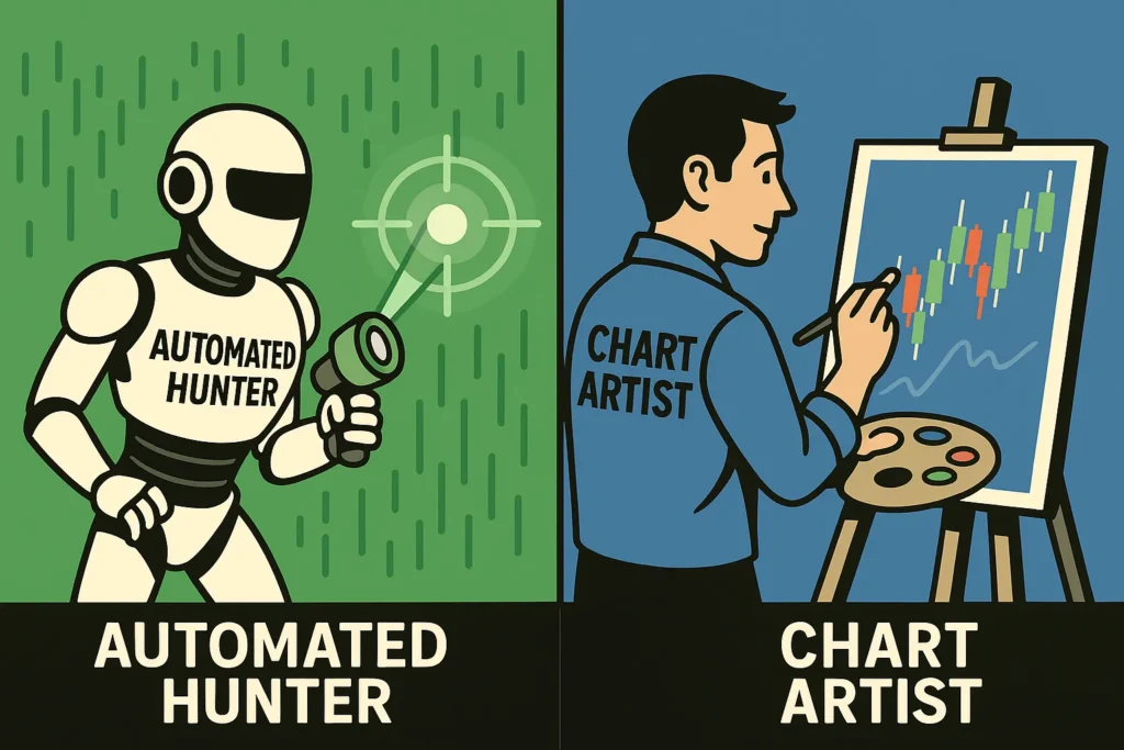 An illustration comparing Trade Ideas as an automated hunter finding trades and TC2000 as a chart artist analyzing them.