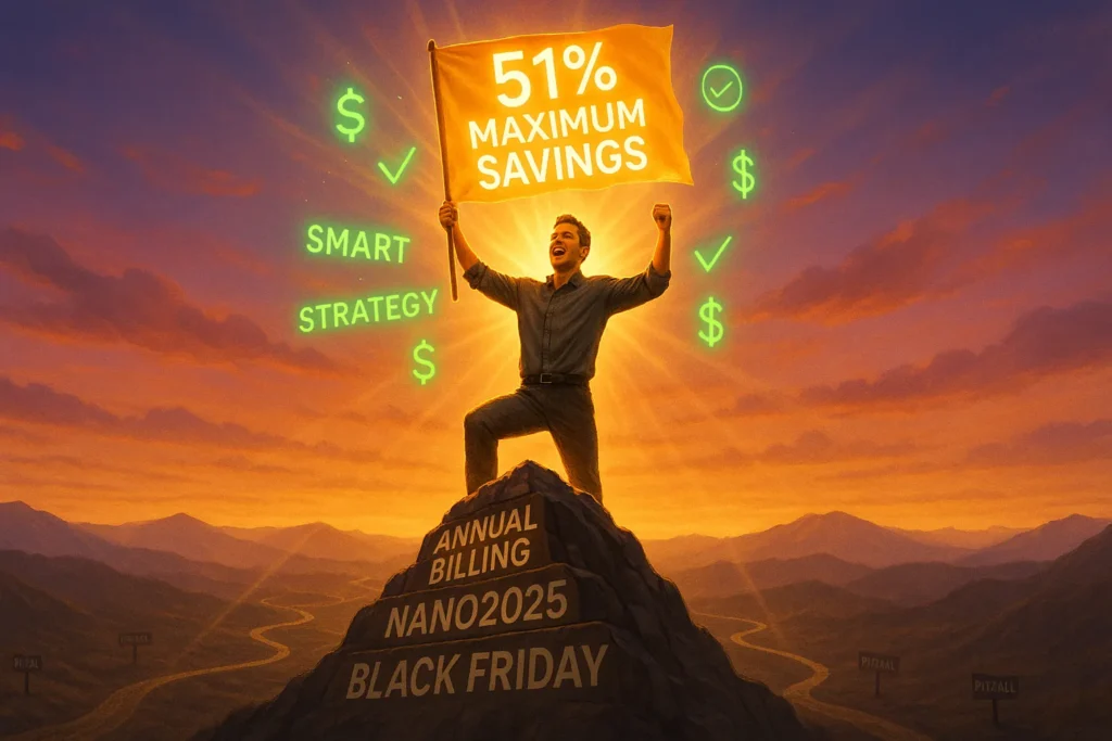 Victorious trader at summit holding 51% maximum savings flag after successfully combining Trade Ideas annual billing with seasonal promo codes