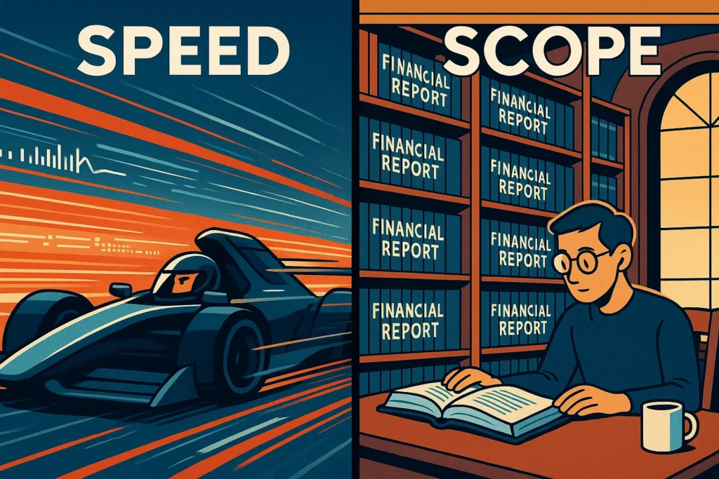 An illustration comparing Trade Ideas as a fast race car to Finviz as a vast financial library, showing speed vs. scope.