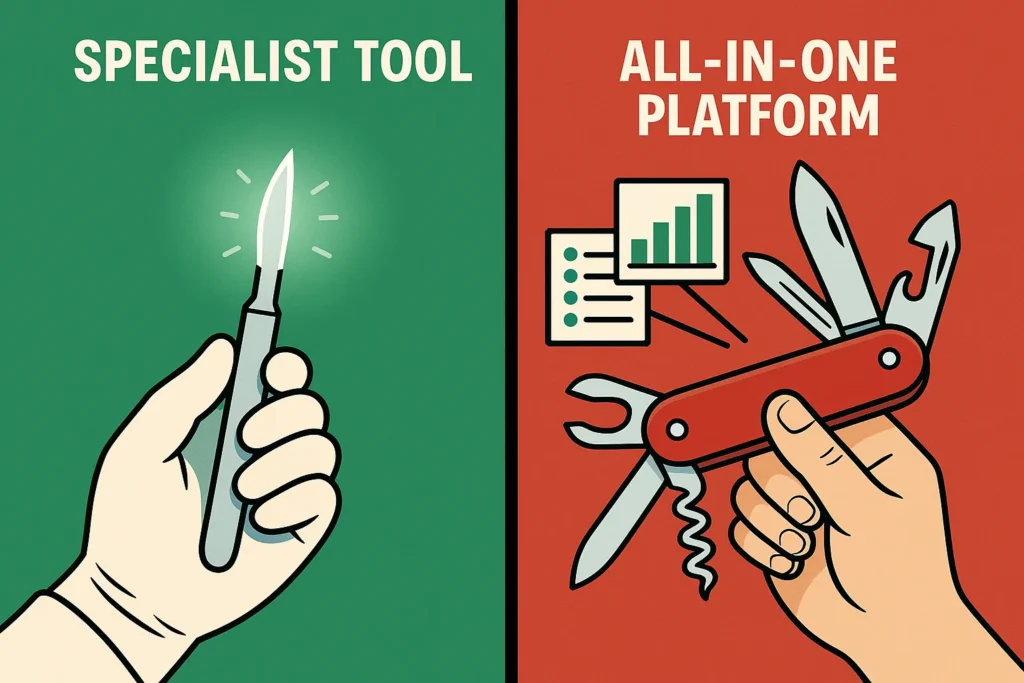 An illustration comparing Trade Ideas as a precise surgeon's scalpel to Thinkorswim as a versatile Swiss Army Knife.