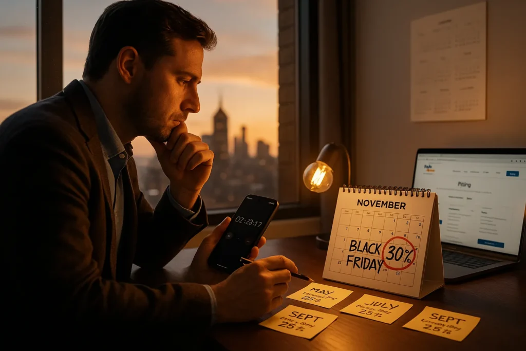 Professional trader planning Trade Ideas purchase timing with calendar showing Black Friday November 28 circled for maximum 30% discount opportunity