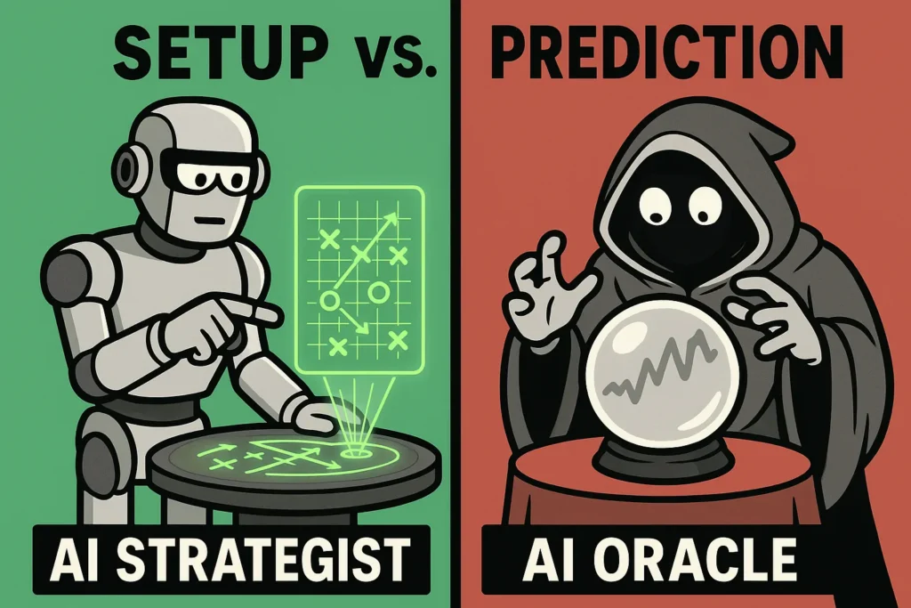 An illustration comparing Trade Ideas as an AI strategist with a detailed plan vs. Tickeron as an AI oracle with a predictive crystal ball.