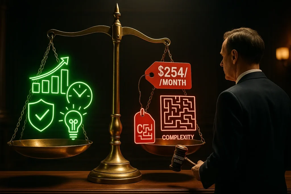 Trade Ideas test drive decision scale - weighing $254 monthly cost against trading profits and time saved benefits