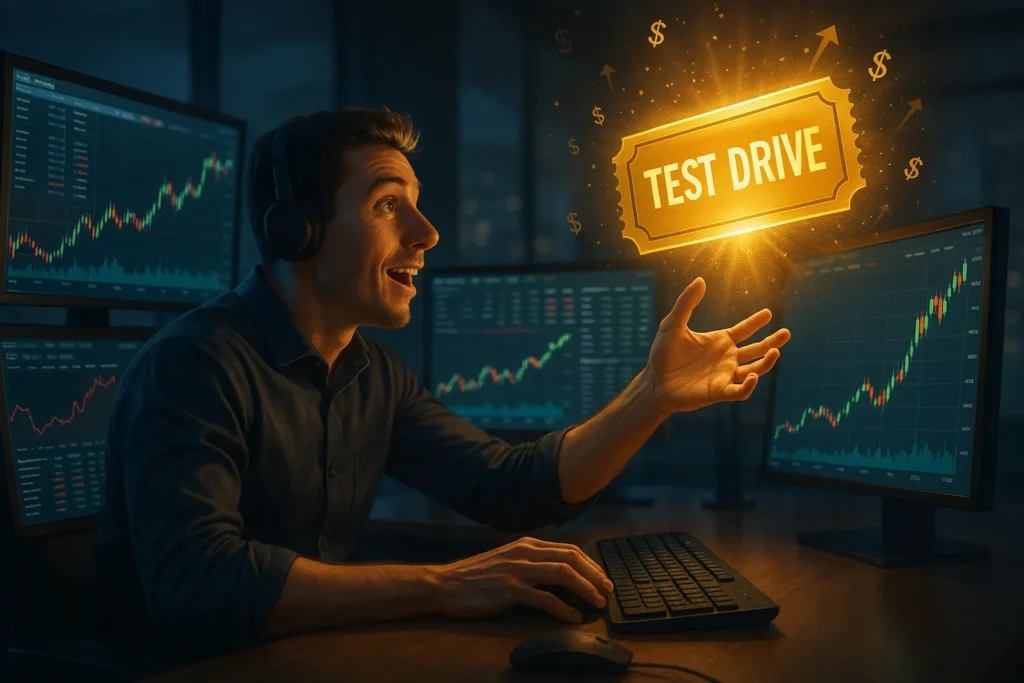 Trade Ideas test drive golden ticket opportunity - trader reaching for exclusive 14-day premium access pass worth $254 monthly