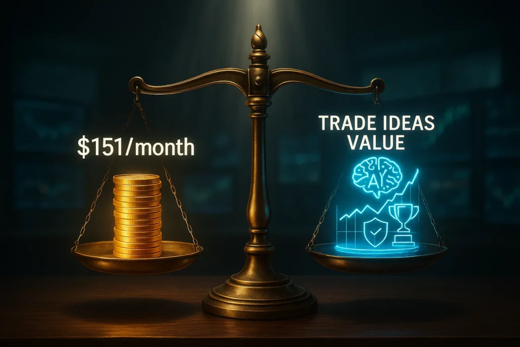 Balance scale comparing Trade Ideas Premium monthly cost of $151 against the platform's value including Holly AI signals, scanning, and trading tools
