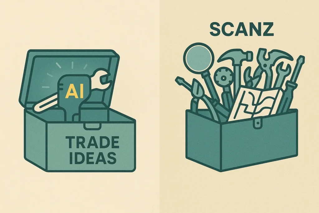 An infographic comparing the Trade Ideas toolbox with one AI multi-tool to the Scanz toolbox filled with many different manual data tools.
