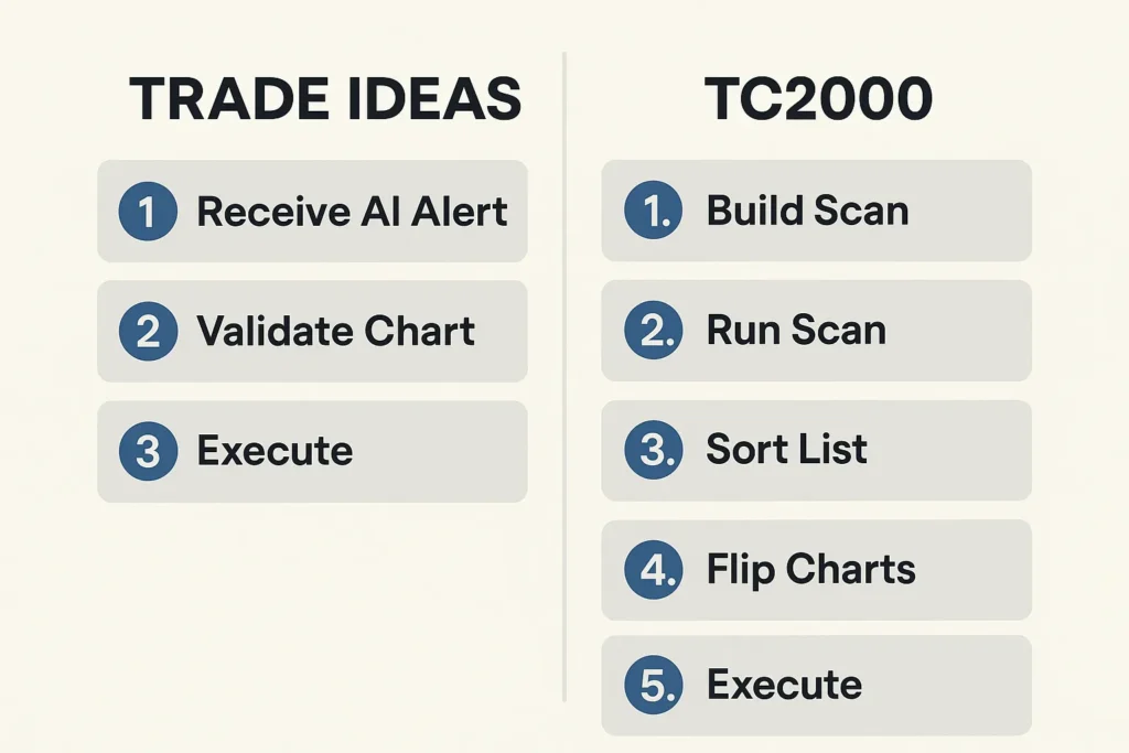 An infographic comparing the short 3-step workflow of Trade Ideas to the longer 5-step workflow of TC2000 for finding a trade.
