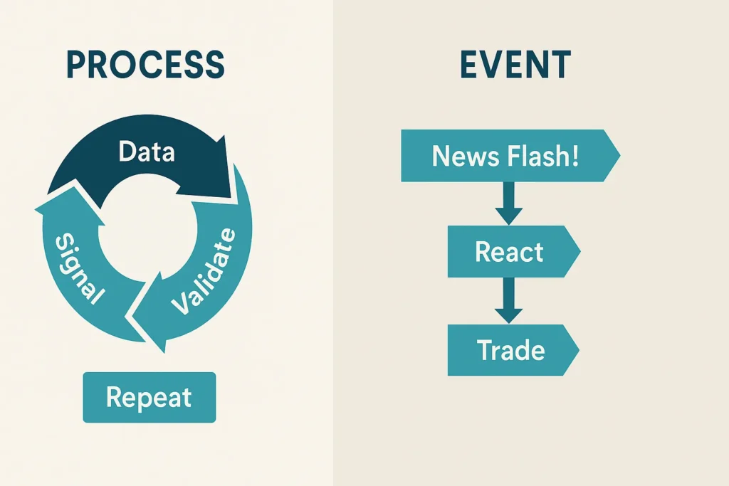 An infographic comparing a circular, repeatable trading process to a linear, reactive trade based on a single event.