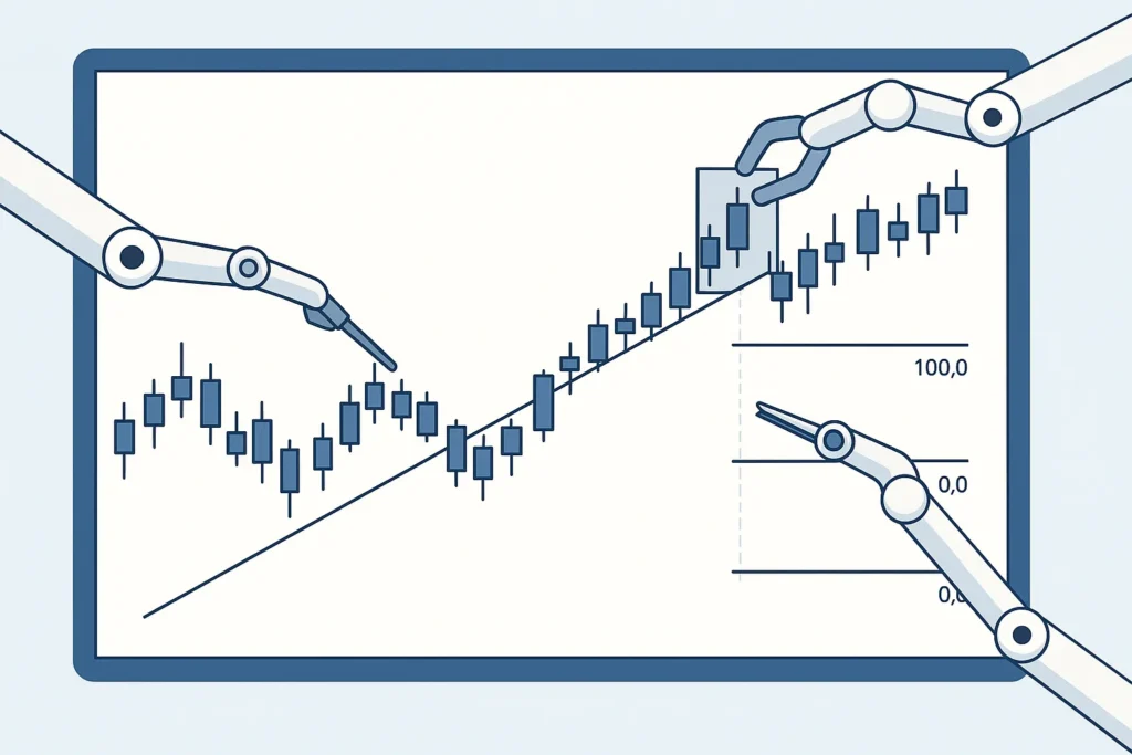 An illustration of robotic arms automatically drawing trendlines and patterns on a stock chart, representing TrendSpider's features.