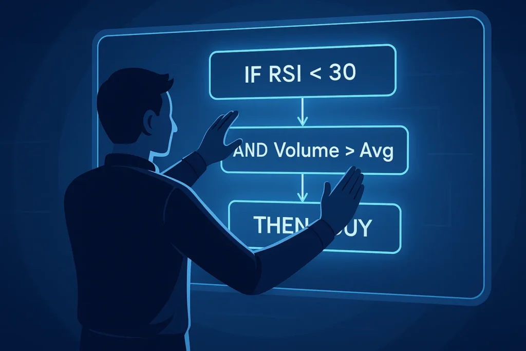 A trader designing a trading strategy by arranging flowchart blocks on a screen, symbolizing TrendSpider's no-code strategy builder.