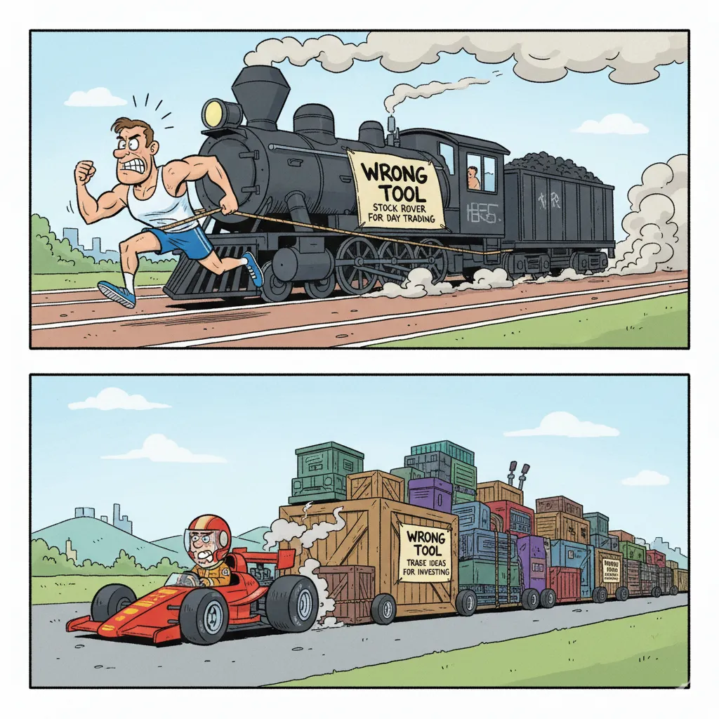 A cartoon showing the absurdity of trying to sprint while pulling a train and trying to haul cargo with a race car, symbolizing using the wrong financial tool.